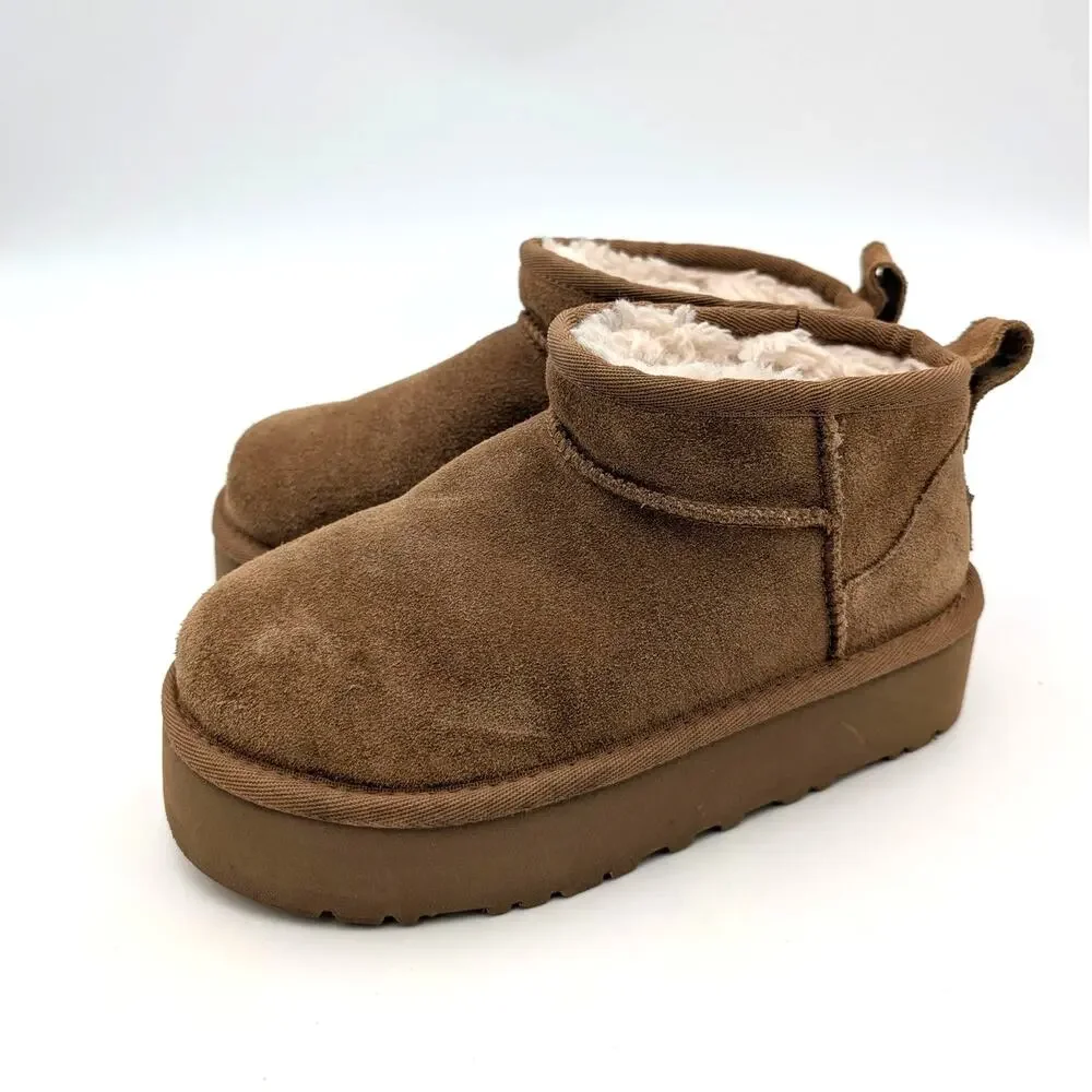 UGG Classic Ultra Mini Platform Boots Round Toe Kids' Chestnut Size US1 EU32.5